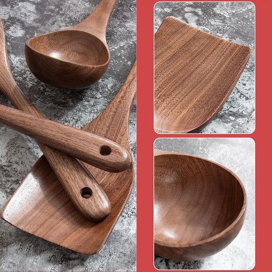 4 stuks houten keukengerei set (C5), natuurlijke zwarte walnoot lepels, verdikte pollepel, hout sleufspatel draaier, extra lange menglepel, schraper — afbeelding 3