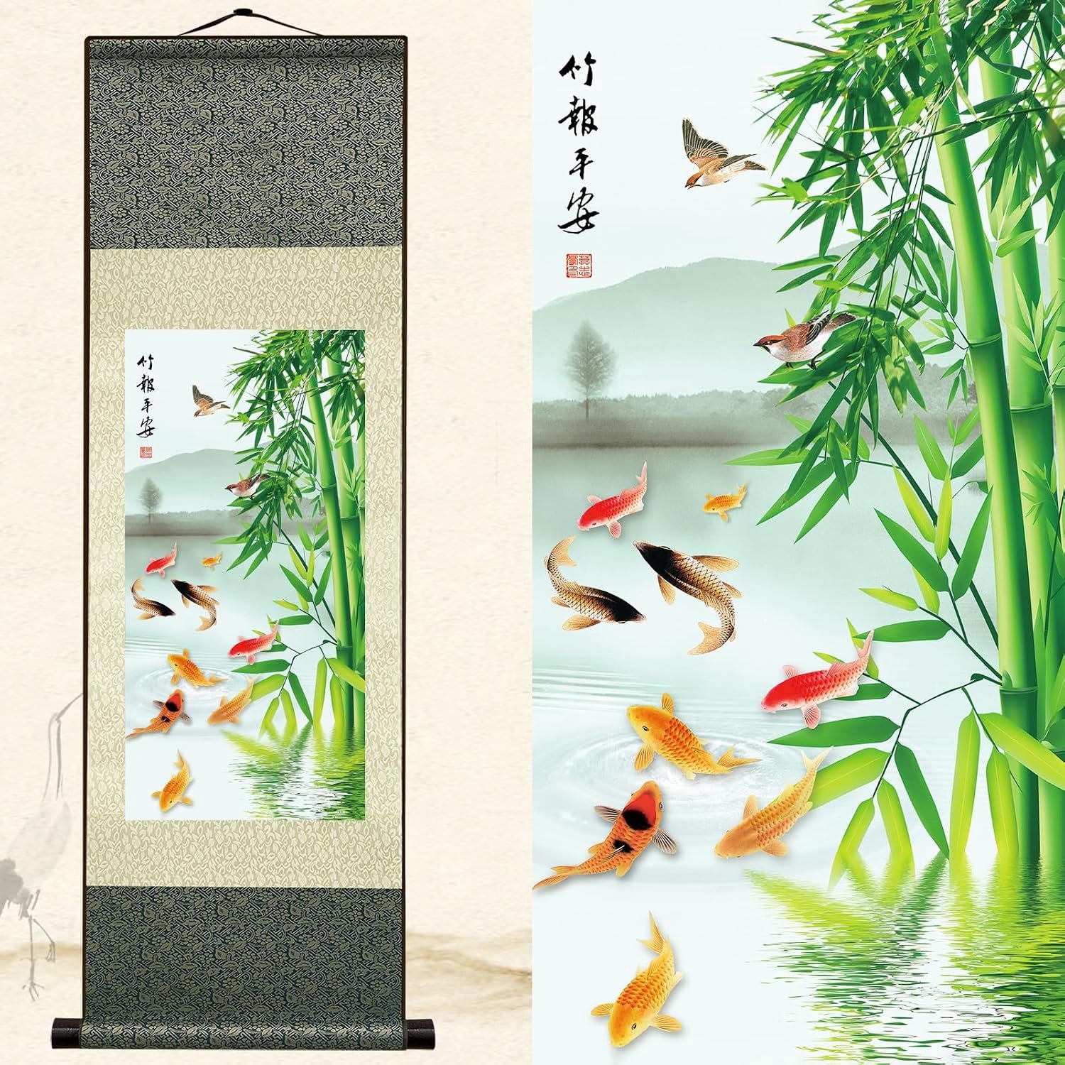 Newscz Slaapkamer Wall Art voor Home Decor Accessoires Woonkamer Zijde Scroll Schilderen Plant Bamboe Muur Kunstwerk Posters Esthetische Kamer Tapestry Muur Opknoping