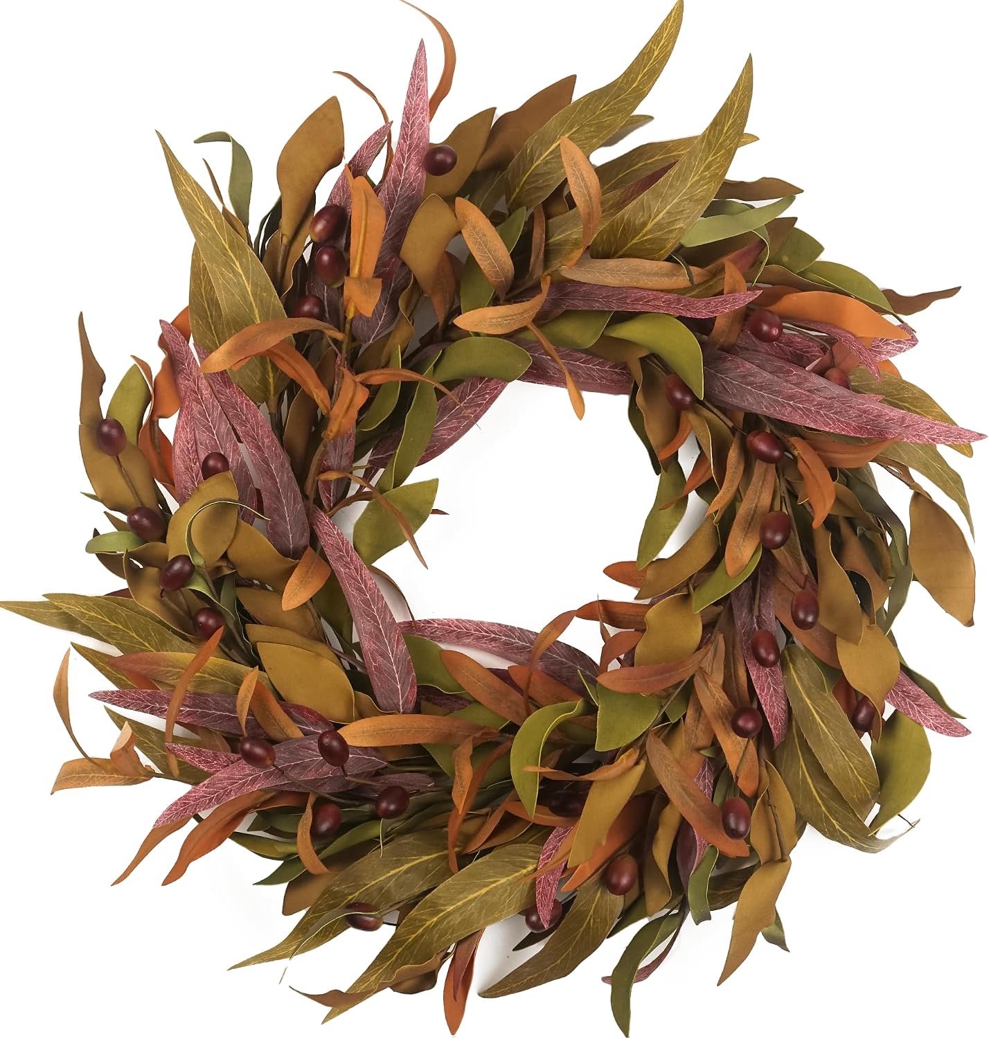 Herfstkransen voor voordeur 22 inch, olijfkleurige herfstkrans met olijfblad fruit, woondecoratie voor buiten woonkamer binnenmuur en buiten herfst