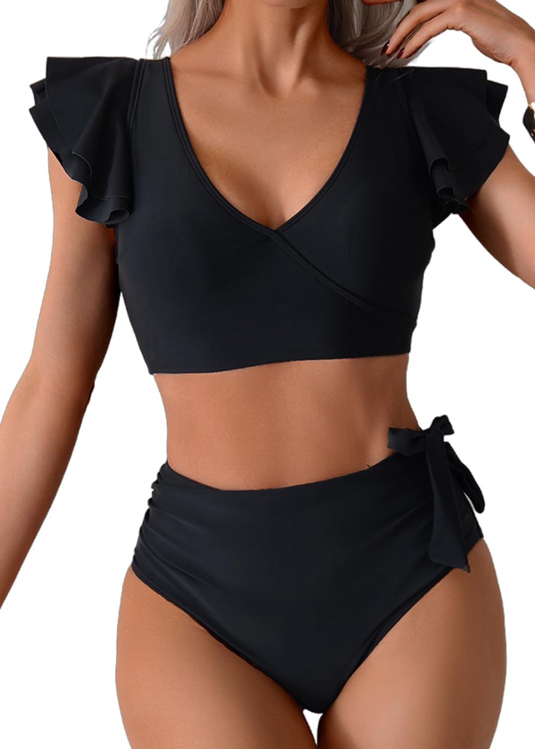 Badpak voor dames, buikweg, sexy V-hals, tweedelig badpak, ruches, hoge taille, push-up, badmode, kanten up, bikini, zwempak