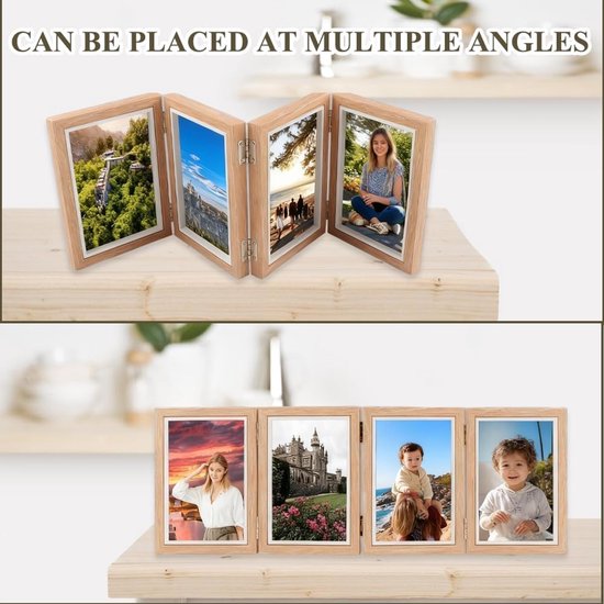 Opvouwbare fotolijst 10 x 15 cm voor 4 foto's: inklapbare houten fotolijst voor meerdere foto's, inklapbare fotolijst met front houten fotolijst voor kantoor, familie, verjaardag, bruiloft, bureau — afbeelding 4