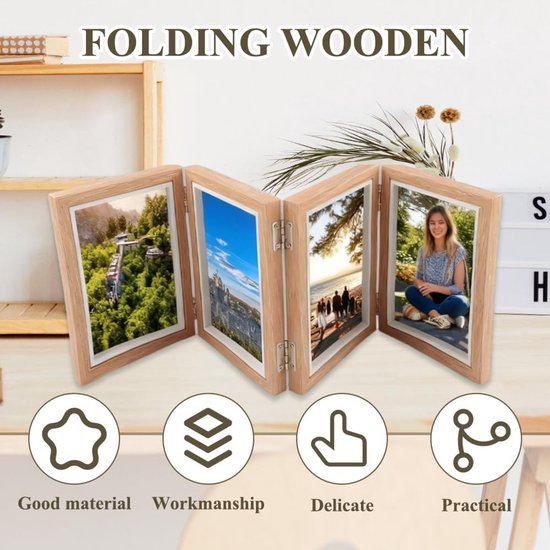 Opvouwbare fotolijst 10 x 15 cm voor 4 foto's: inklapbare houten fotolijst voor meerdere foto's, inklapbare fotolijst met front houten fotolijst voor kantoor, familie, verjaardag, bruiloft, bureau — afbeelding 2
