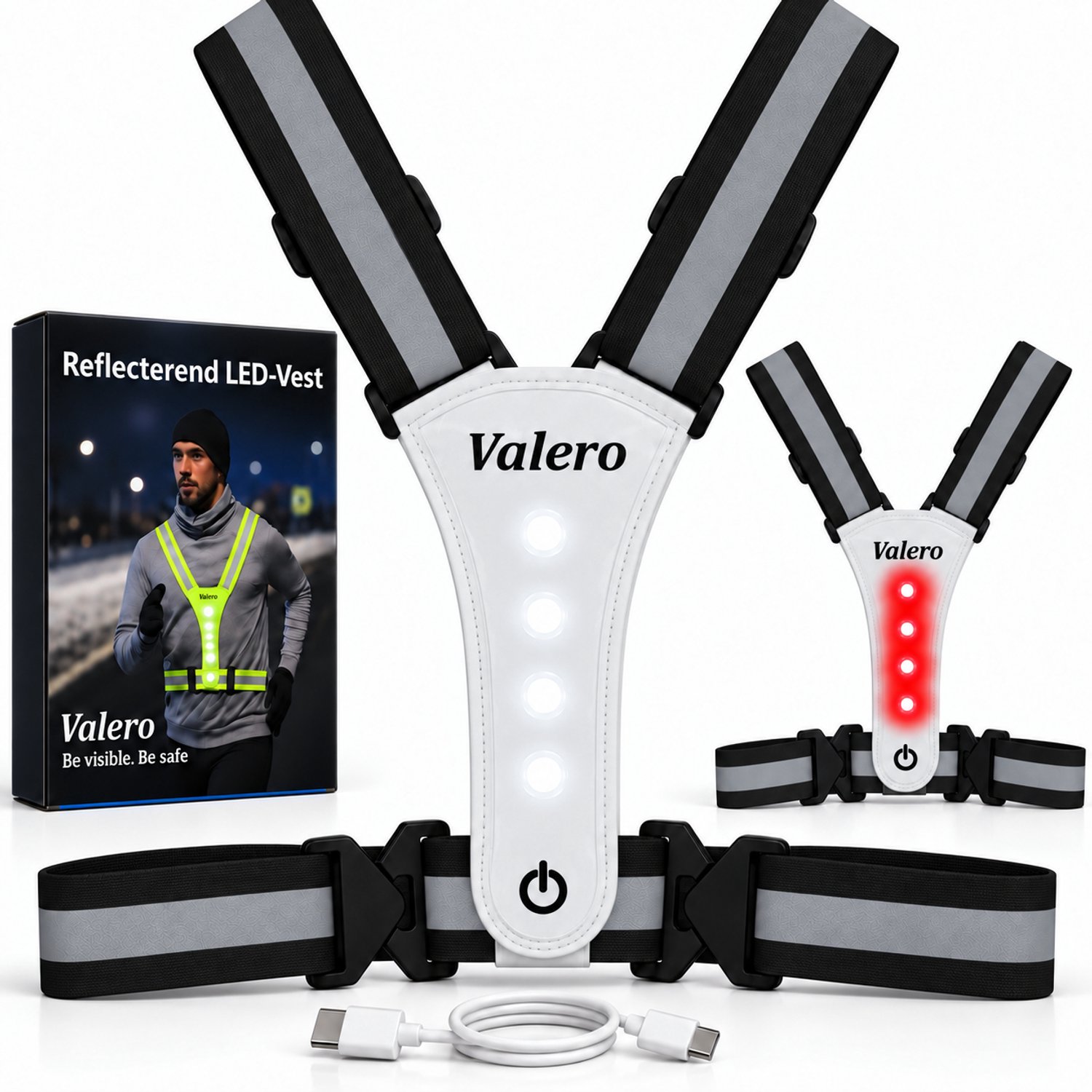 Valero® USB-C Oplaadbaar LED Hardloopvest – Reflecterend Veiligheidsvest met Wit & Rood Licht – Hardloopverlichting voor Hardlopen, Fietsen & Wandelen – Verstelbaar One Size – Zwart/Wit