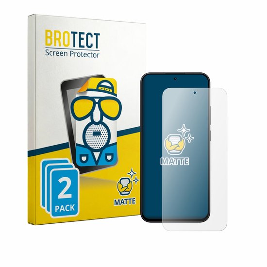 BROTECT 2-pack verpakking en een matte screenprotector geplaatst op een zwarte smartphone.