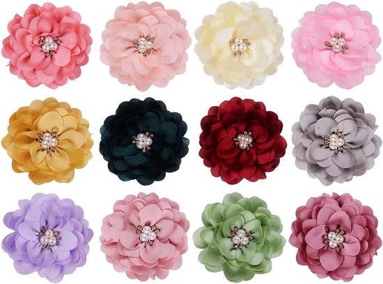 10 stuks satijnen stof bloemen diamant parel stof bloemen voor doe-het-zelf schoenen hoeden kleding accessoires ambachten naaien haarclips jurken-lichtgeel — afbeelding 2