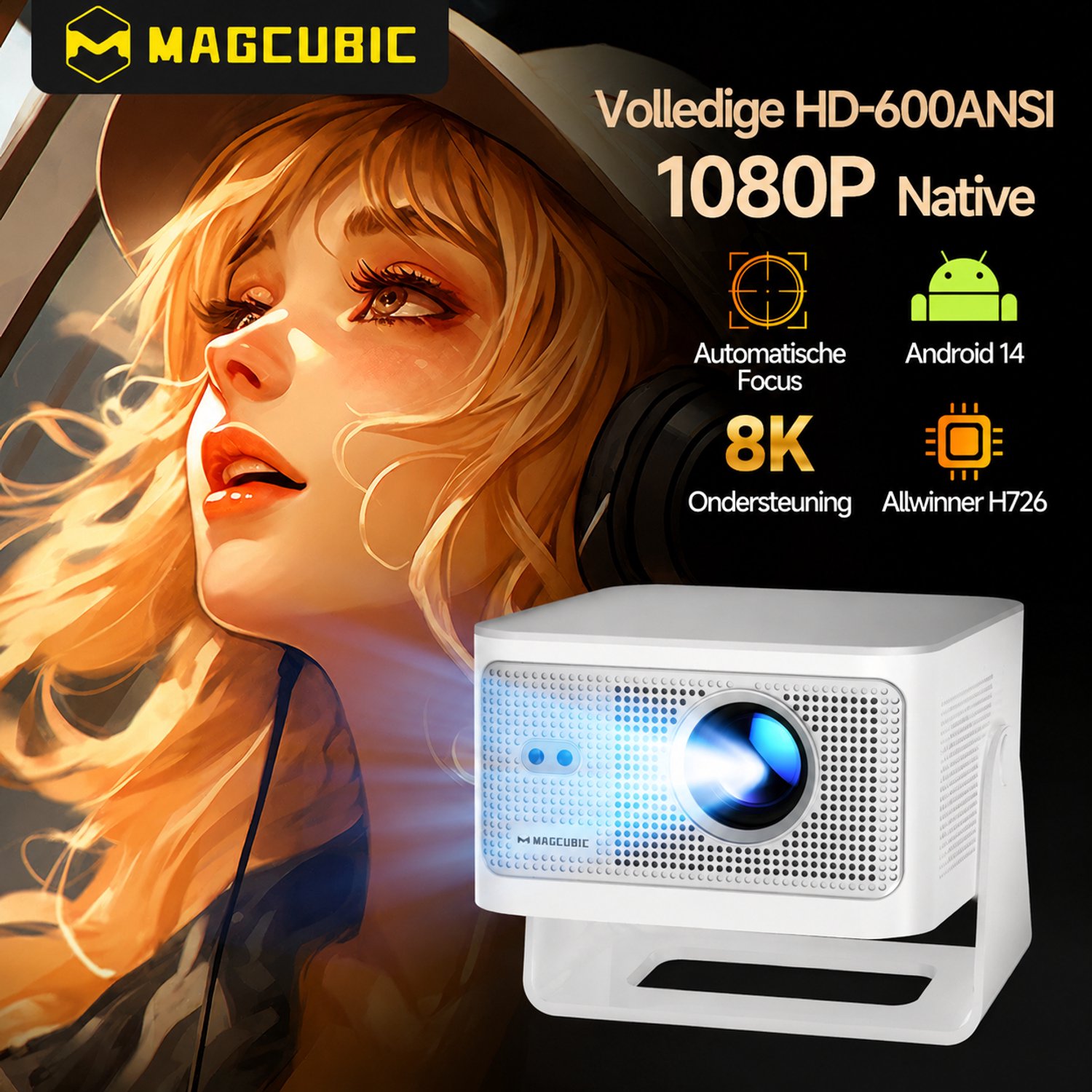 Magcubic® HY350MAX Mini Beamer 8K-1080P Full HD Smart Projector-600ANSI Lumen-Draagbare Beamer voor Film & Gaming-Thuisbioscoop–180° Draaibaar-Automatische focus-Geïntegreerde Google Play&6000+ Apps–Android 14-WiFi 6&Bluetooth 5.4 thumbnail 3