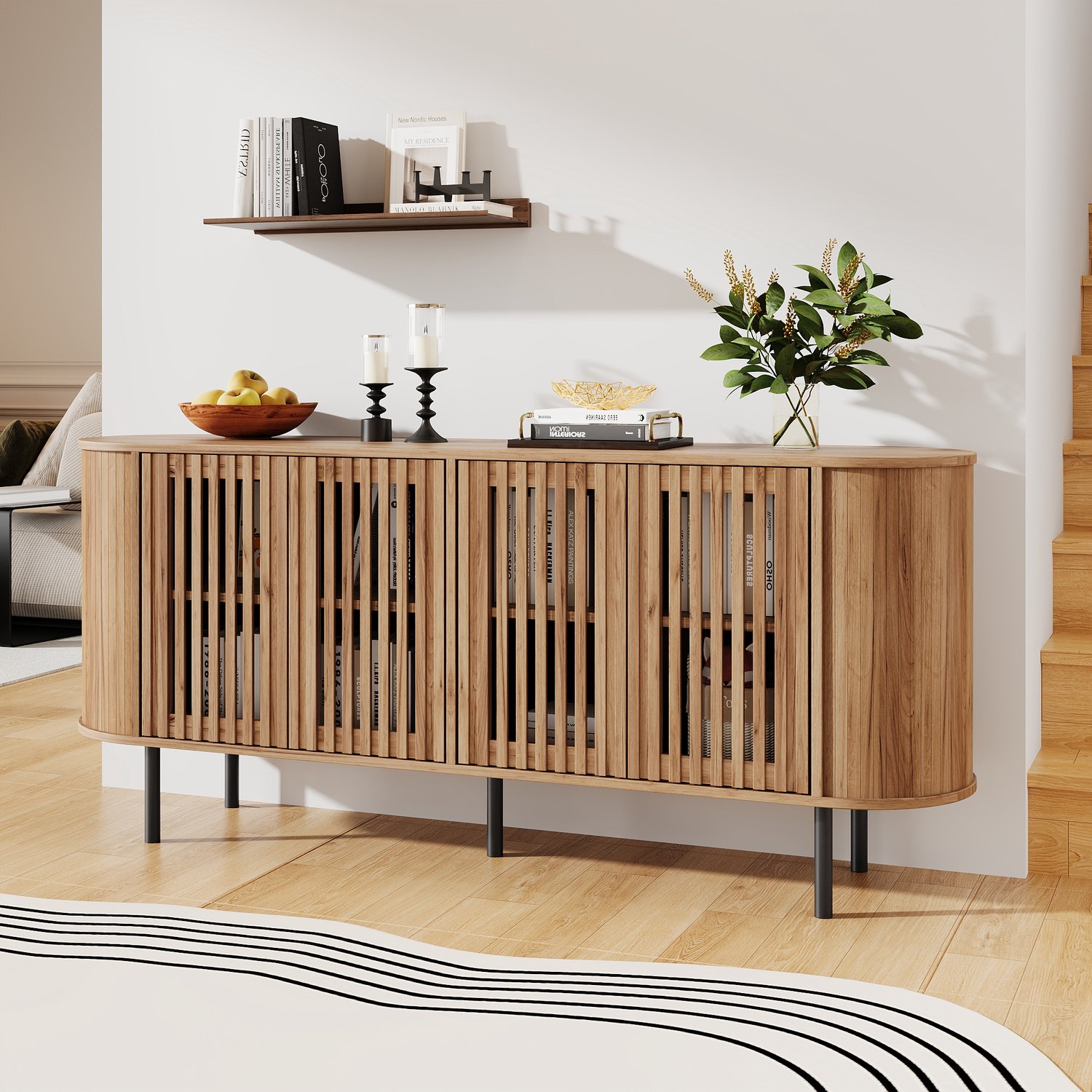 Dressoir 160 cm breed - Vier geperforeerde deuren - Verstelbare legplanken - MDF met metalen poten - 160 x 40 x 70 cm - Naturel houtlook
