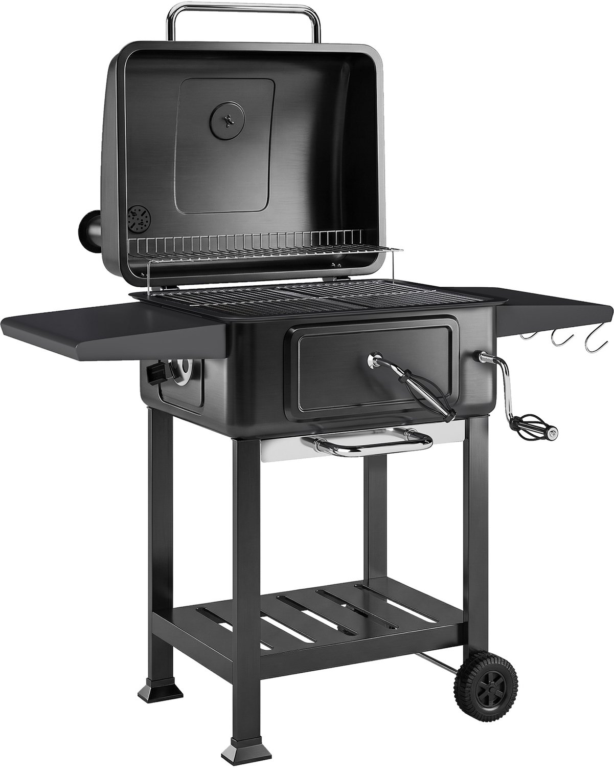 Houtskoolrookbarbecue met deksel, thermometer, in hoogte verstelbare houtskoolbak, ontstekingsstarter, grillrooster, zijplank en aslade.