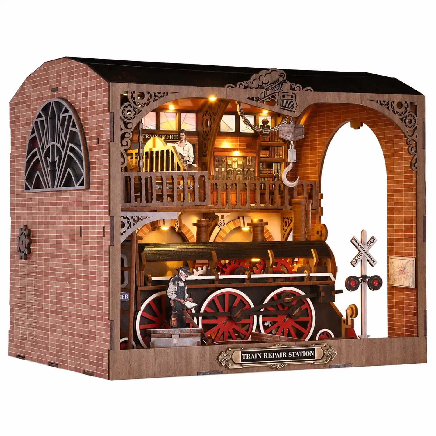 THAR Book Nook Train Repair Station - Verlichte Houten Miniatuur Treinwerkplaats - DIY Bouwpakket met Stoomlocomotief - 414 Onderdelen