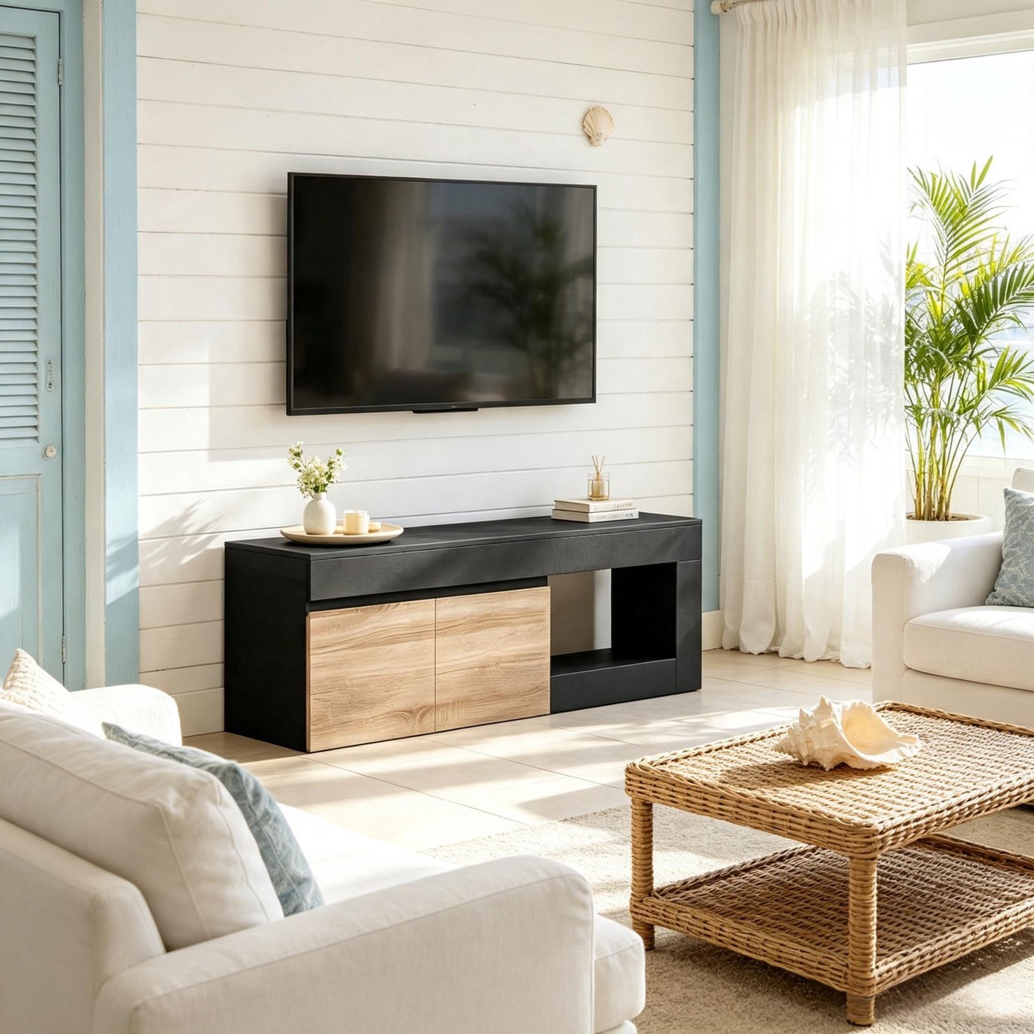 Clruro TV-Meubel - 140×40×48 cm - 2 Deuren - Softclose en Open Vak - Spaanplaat - Naturel/Zwart