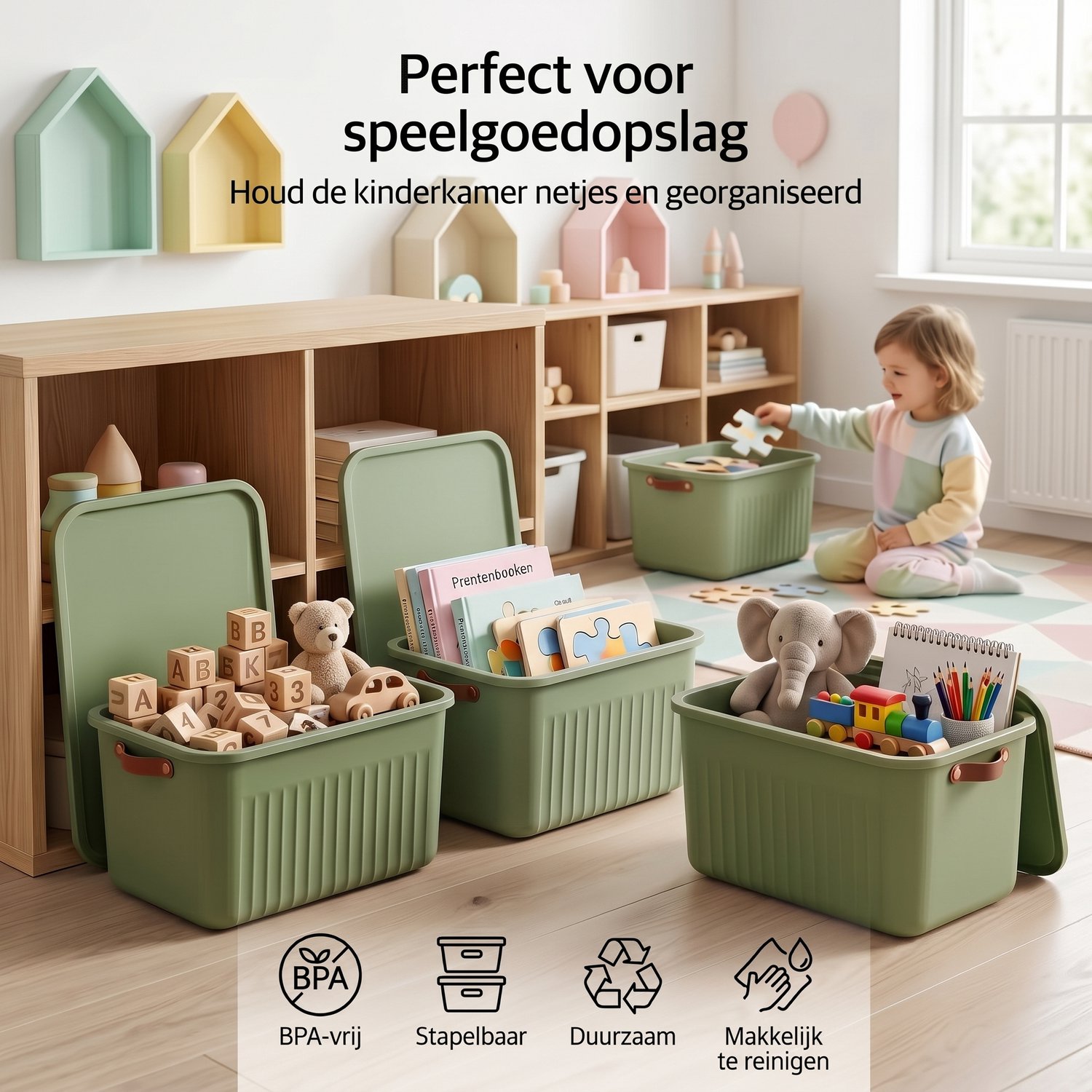 INDECOR Stapelbare Speelgoedbox met Handgrepen – 20 L Opbergbox Set van 3 met Deksel – Opbergdoos voor Bouwblokjes en Bouw - Opbergbox grootstenen – Groen