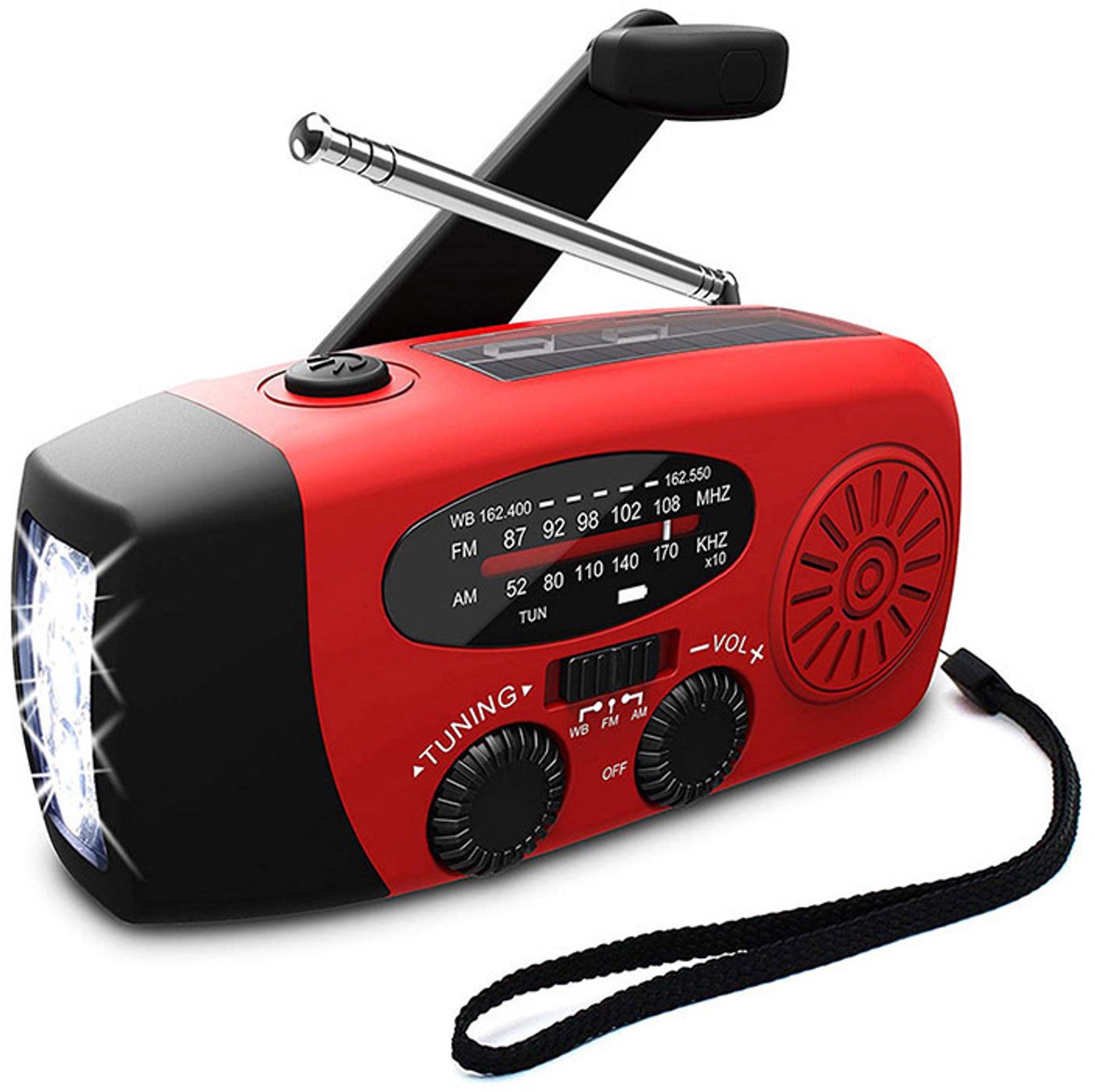 Radio op zonne-energie, radio geschikt voor automatische slinger en LED-zaklamp, AM/FM-weerradio geschikt voor noodgevallen, dynamische handmatige slinger geschikt voor het opladen van smartphones in noodgevallen.