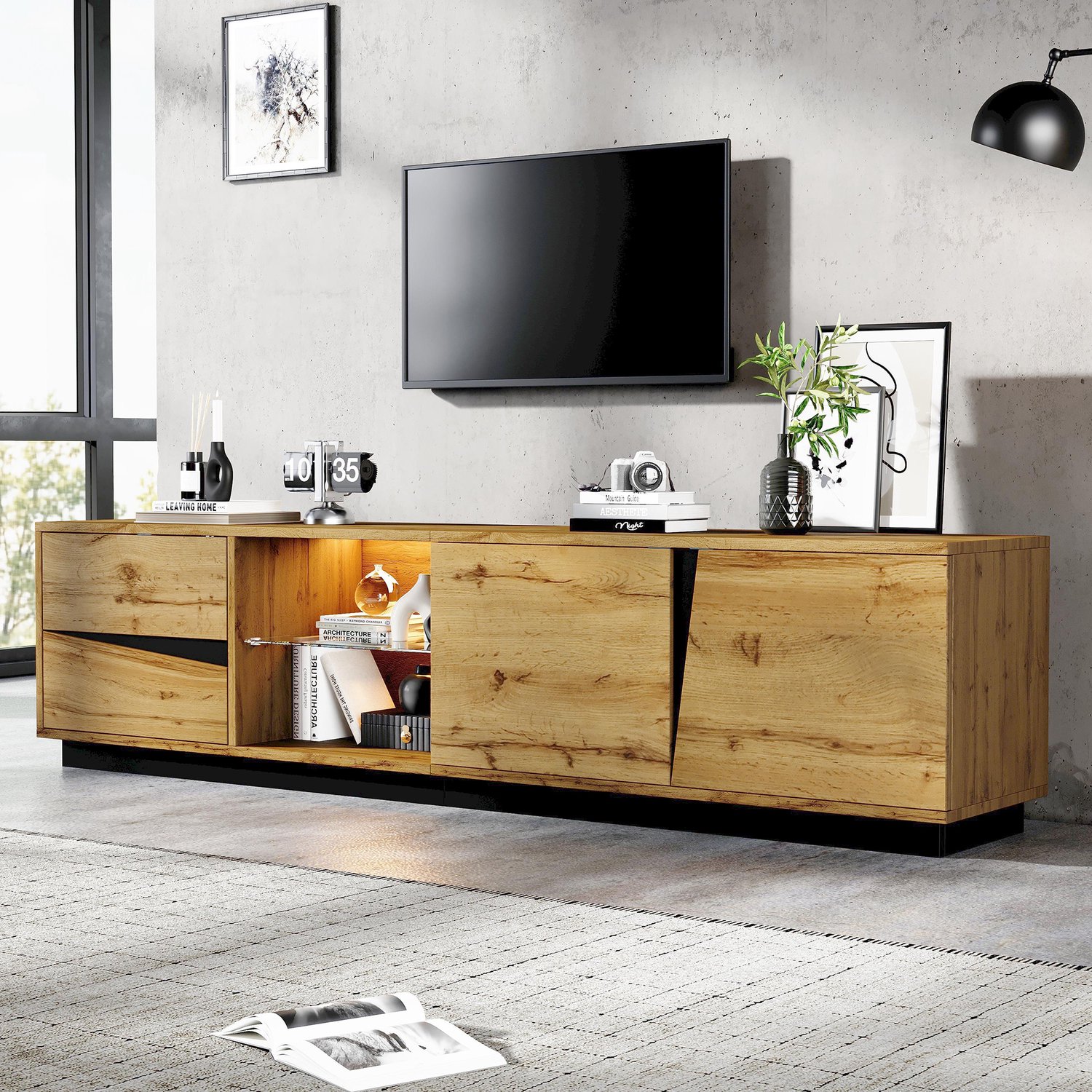 Clruro TV-Meubel - 180×35×45 cm - App-LED - 2 Laden en 2 Deuren - MDF/Glas - Naturel/Zwart