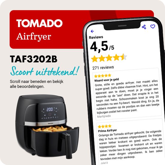 Zwarte Tomado airfryer met een mand vol friet. Het digitale display toont 200 graden.