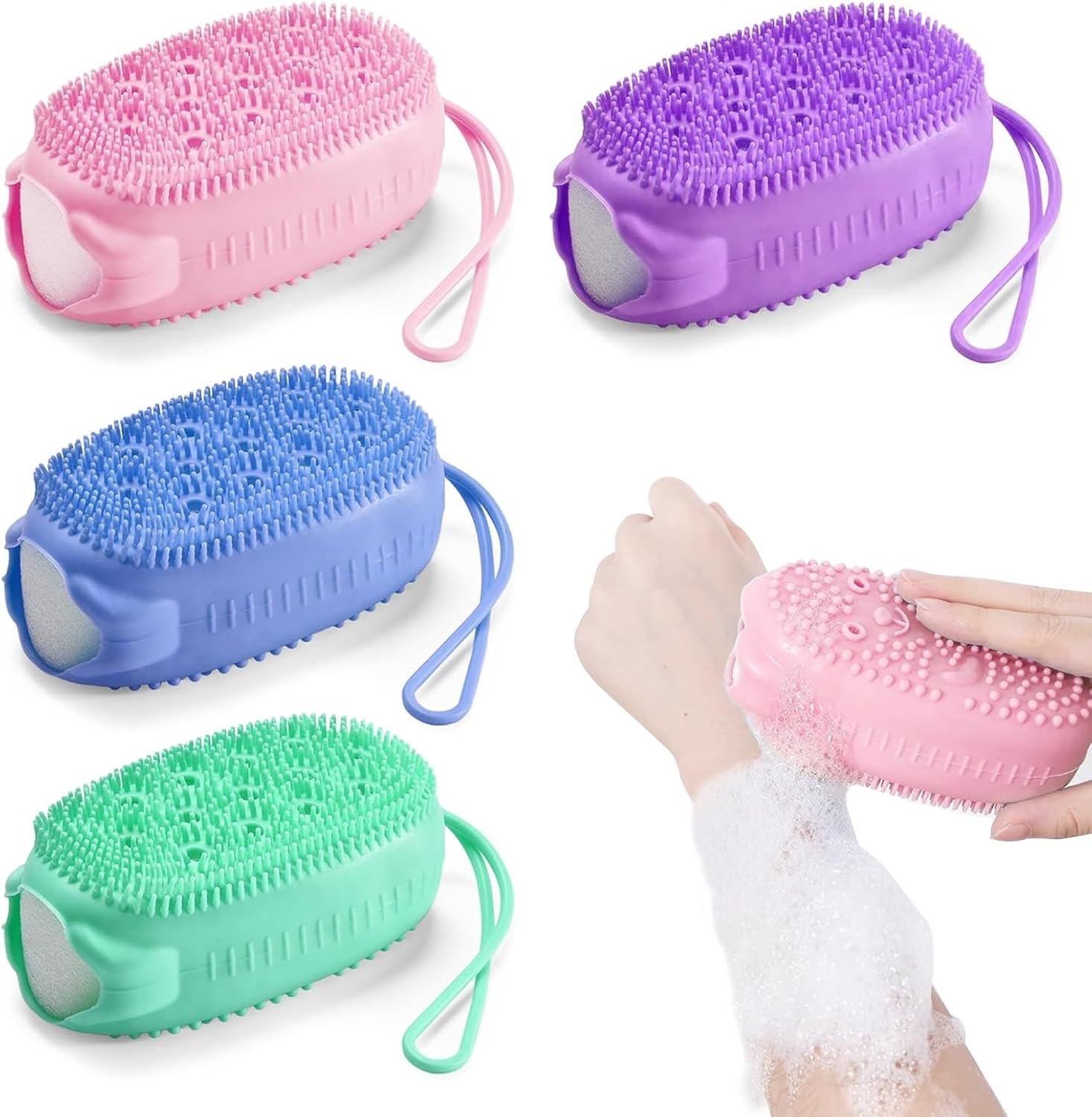 4 Stuks Silicone Lichaamsborstel, Exfoliërende Douche Spons, Zachte Dubbelzijdige Spons voor Volwassenen en Kinderen, Ideaal voor Alle Huidtypes en Verzorging