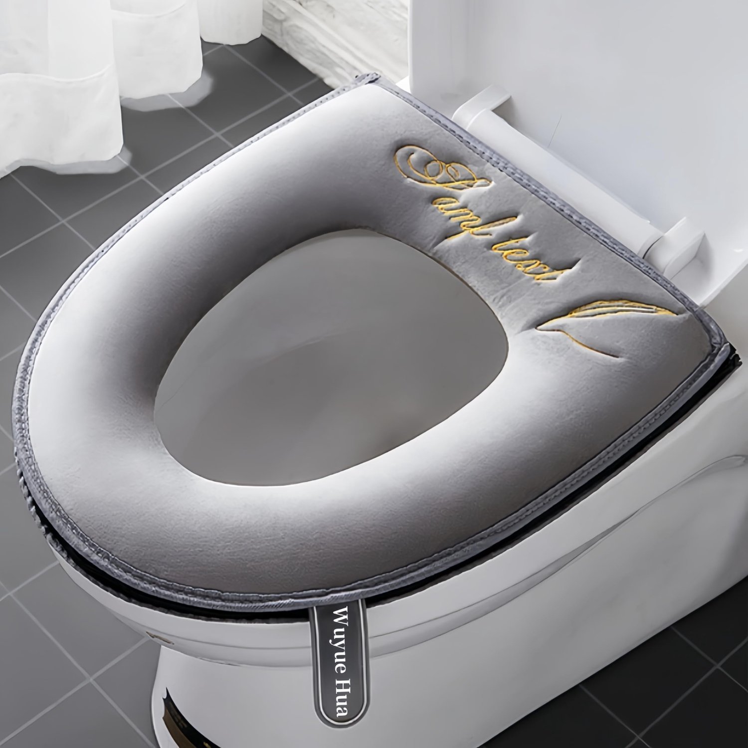 2 stuks badkamer zachte wc-stoelhoes pad met handvat toilet deksel cover kussen zacht dikker wasbaar past op alle ovale toiletstoelen (grijs + roze, r