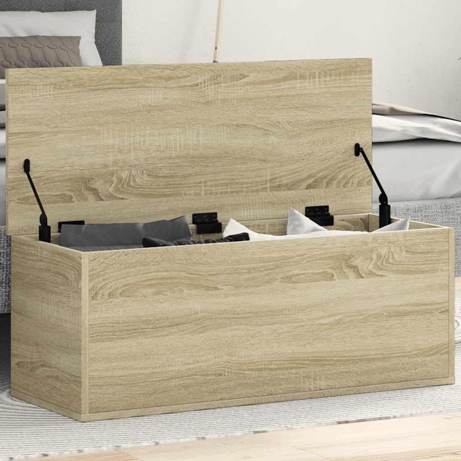 Kist 90 x 35 x 35 cm van hout in Sonoma eiken, decoratieve opbergdoos voor woonkamer, veelzijdige zitbank en salontafel