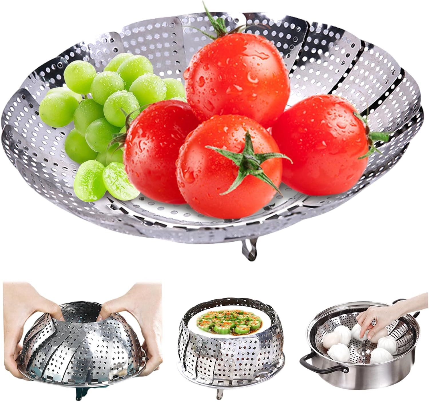 Stoommand voor pot 22 cm opvouwbare roestvrijstalen veggie stomende mand met gaten uitbreidbare voedselstoom voor koken past op verschillende potten