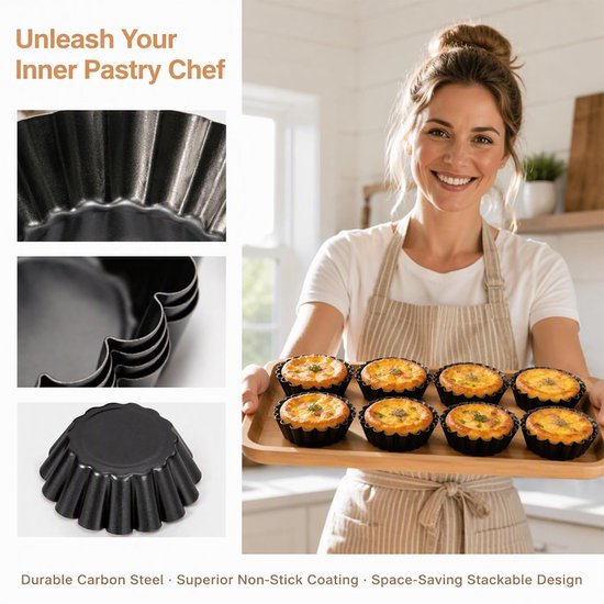 24 stuks taartvormpjes, mini-bakvormen van koolstofstaal, herbruikbaar, geschikt voor eiertaart, pudding, muffins, cake, oven en heteluchtfriteuse — afbeelding 4