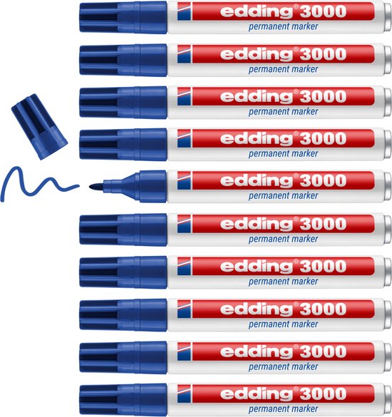 Tien blauwe edding 3000 permanente stiften met ronde punt, naast een blauwe lijn en een punt.