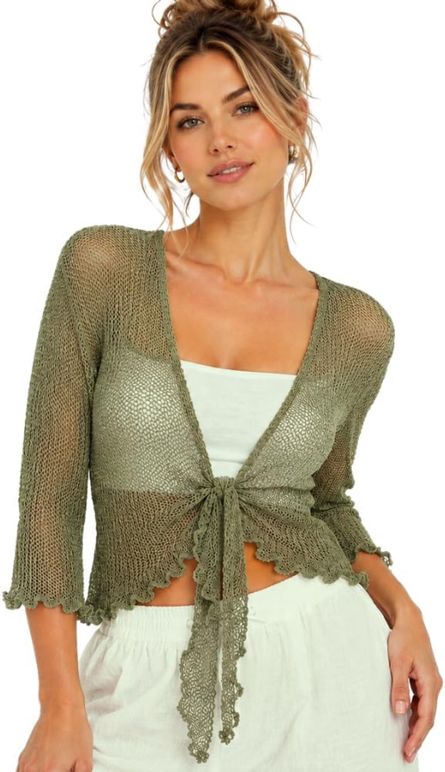 Nieuwe Dames 3/4 Mouw Dubbele Fijne Gebreide Bali TieUp Bolero Shrug Crop Vest Top
