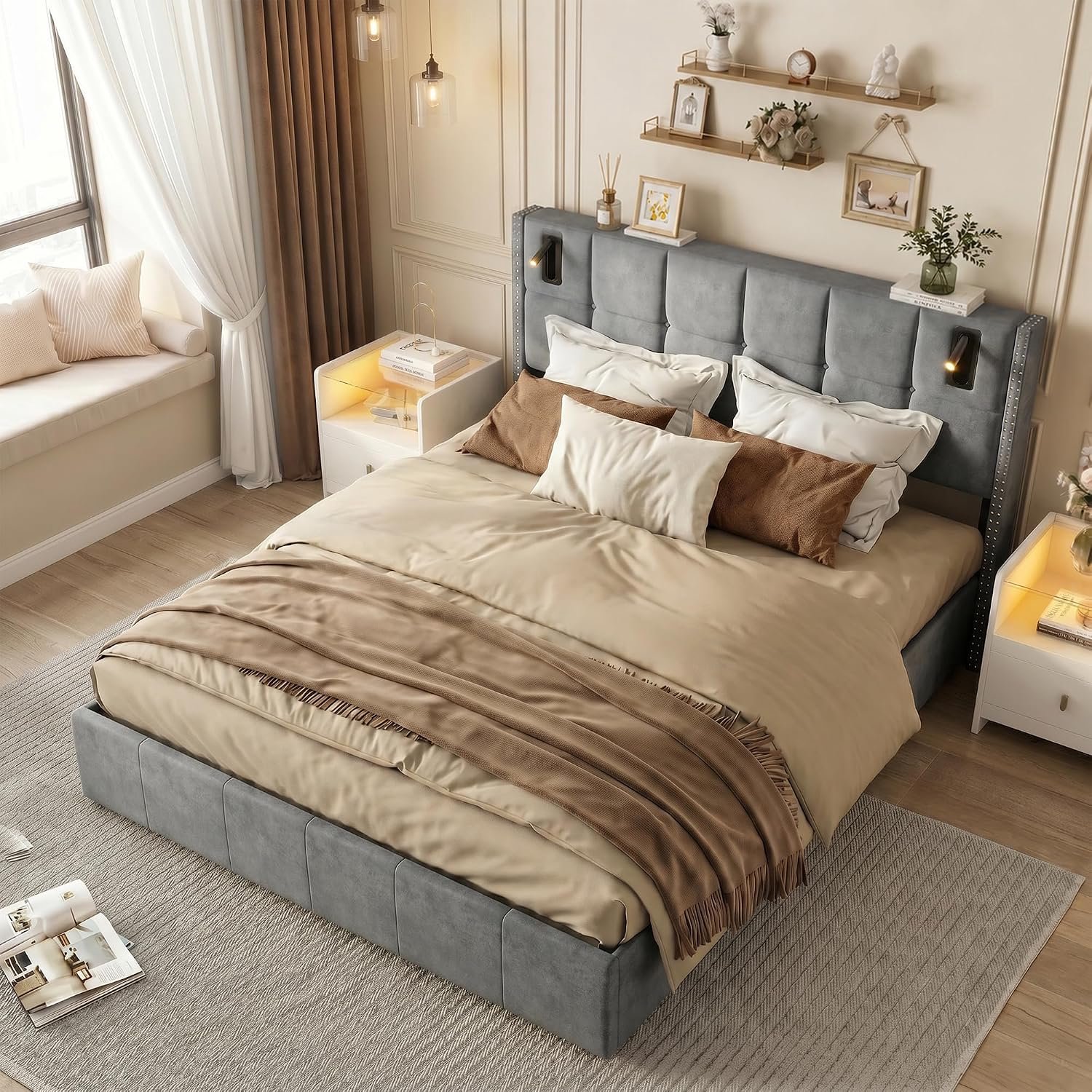 Gestoffeerd bed met bedlade, modern tweepersoonsbed van fluweel met gevoerd hoofdeinde, opbergbed met hefmechanisme en verstelbare leeslampen, bed voor slaapkamer (grijs, 160 x 200 cm)