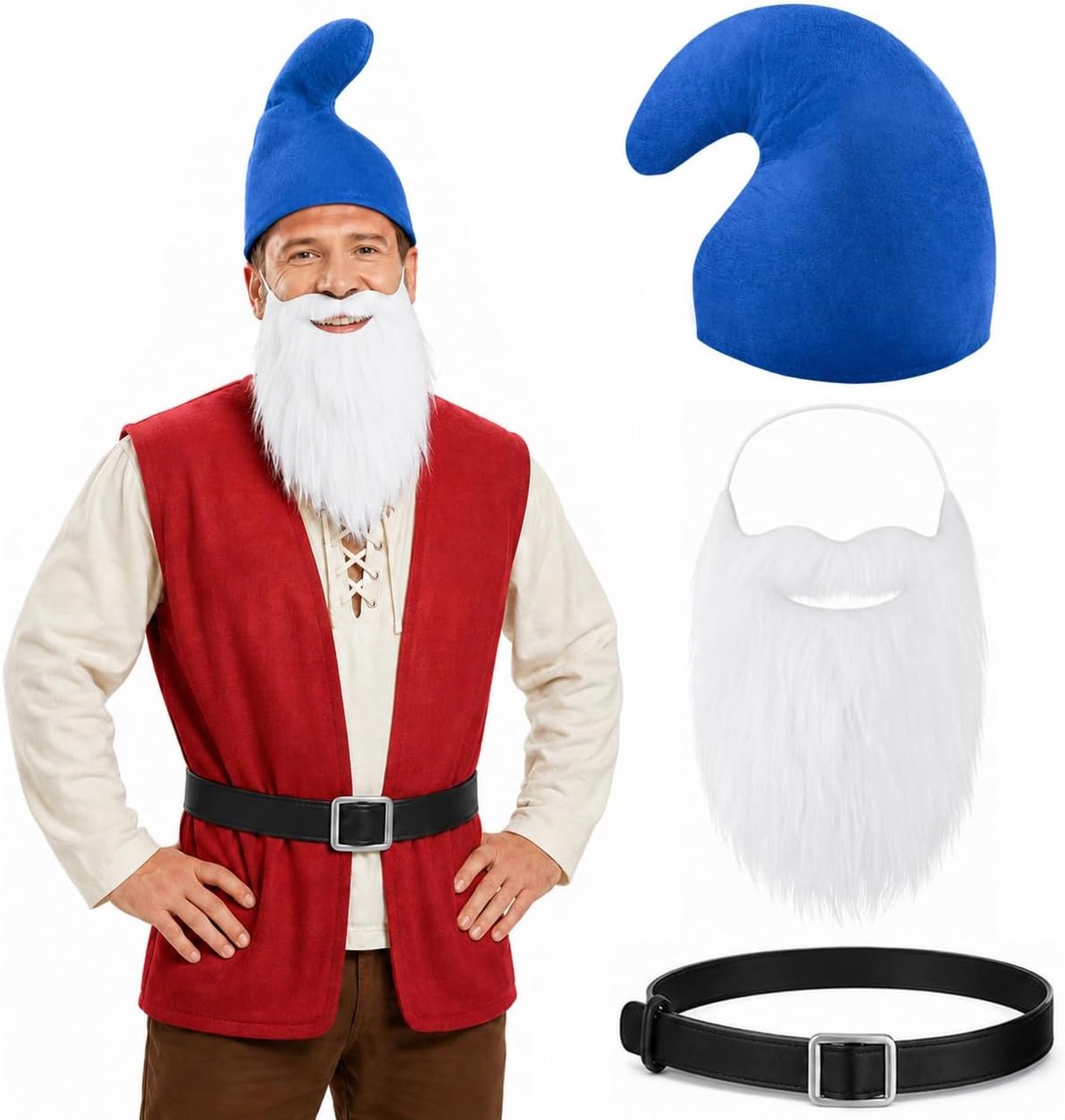 Dwergkostuum, set van 3, puntige muts, dwergriem en kerstwitbaard