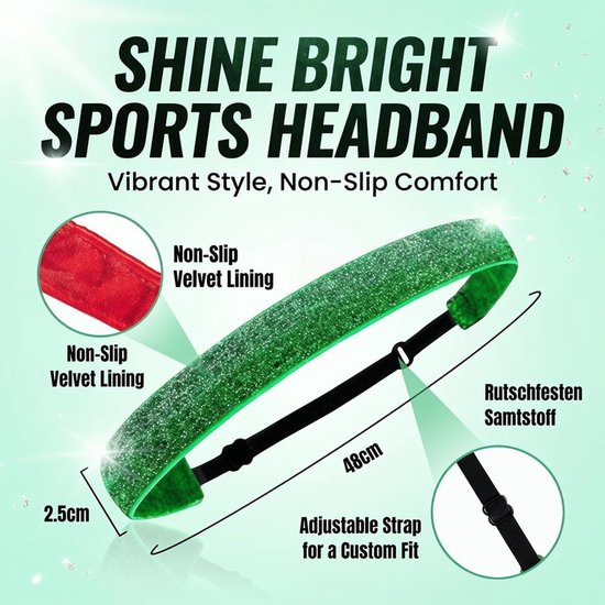 3 stuks glitter sporthaarband, dunne hoofdband, verstelbare haarbanden voor volwassenen en kinderen, elastische antislip hoofdbanden, voetbal, hoofdbanden voor yoga, hardlopen, groen — afbeelding 3