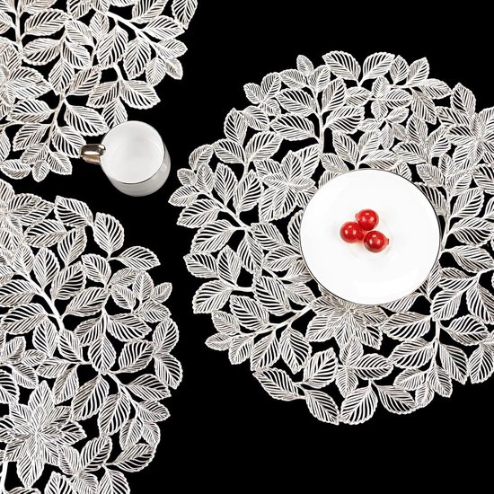 4 stuks placemats met zilveren bladeren, rond, afwasbaar, zilveren placemats, antislip, voor Kerstmis, vuilafstotend, voor Kerstmis, feesttafel, decoratie voor bruiloft, feest — afbeelding 5