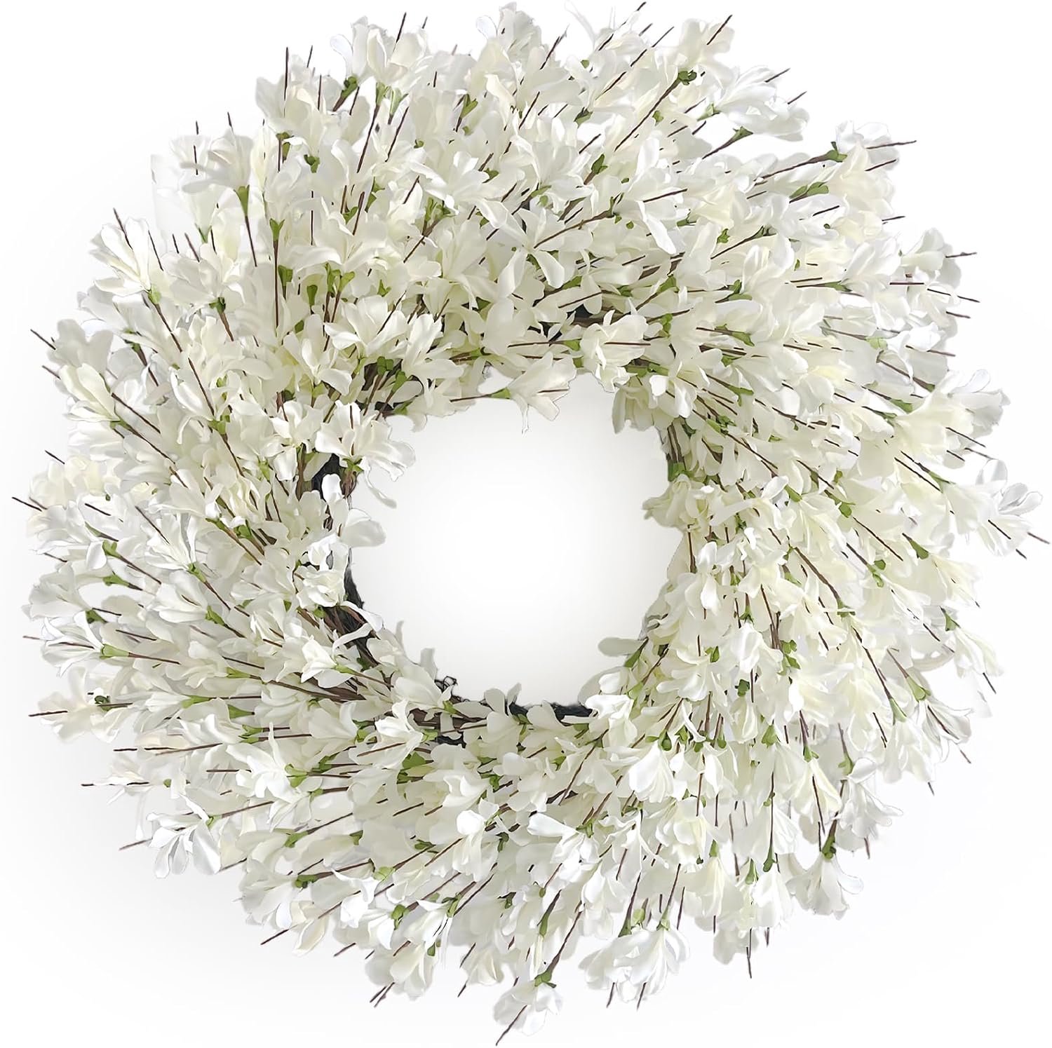 Witte crème Forsythia krans 61 cm lente voordeur bloesem cluster bloem boerderij krans op wijnstok voor Kerstmis Festival viering voordeur muur raam opknoping decor