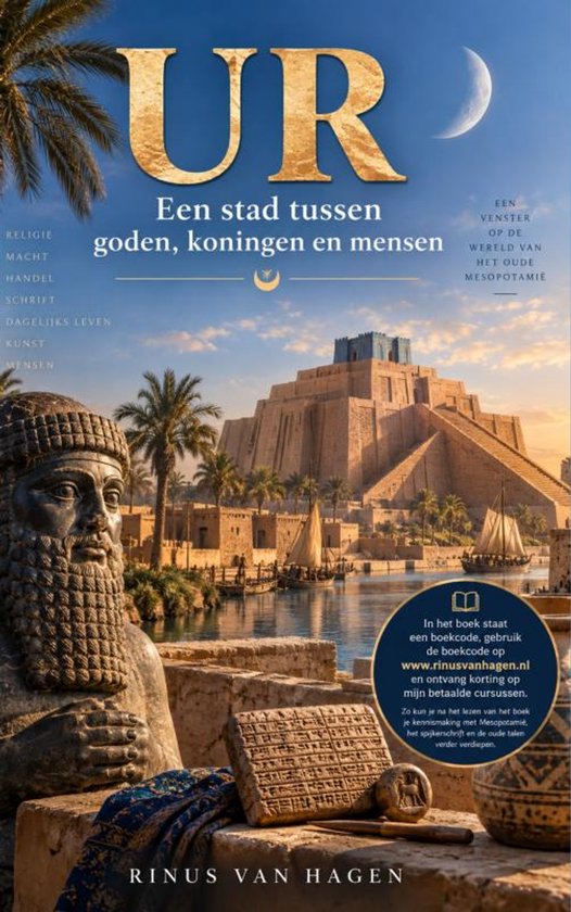 Couverture de livre montrant une statue mésopotamienne au premier plan et une ziggourat au bord de l'eau en arrière-plan.