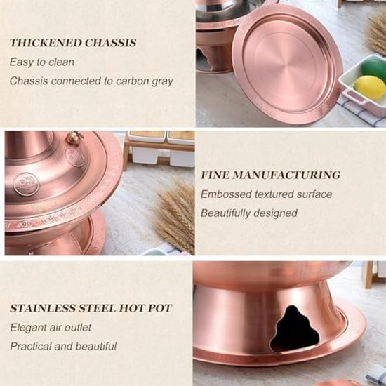 Vintage Shabu-Pot, Houtskool-Hotpot, Roestvrijstalen Shabu-Pot, Kookgerei Voor Buiten, 34 Cm Gouden Soeppan Voor Thuis-Hotpot, Chinese Houtskoolkachel, Perfect Voor Fam,A-32cm — afbeelding 3