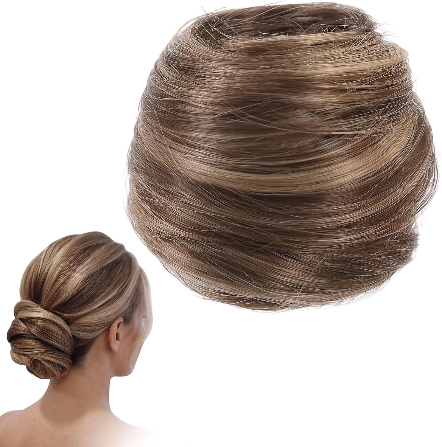Dutt haarstukje met elastiek, Messy Bun haarelastiek met haar voor dames en meisjes, natuurlijk opgestoken kapsel, haarverlenging, volumineuze haarknot, middenbruin/donkerblond