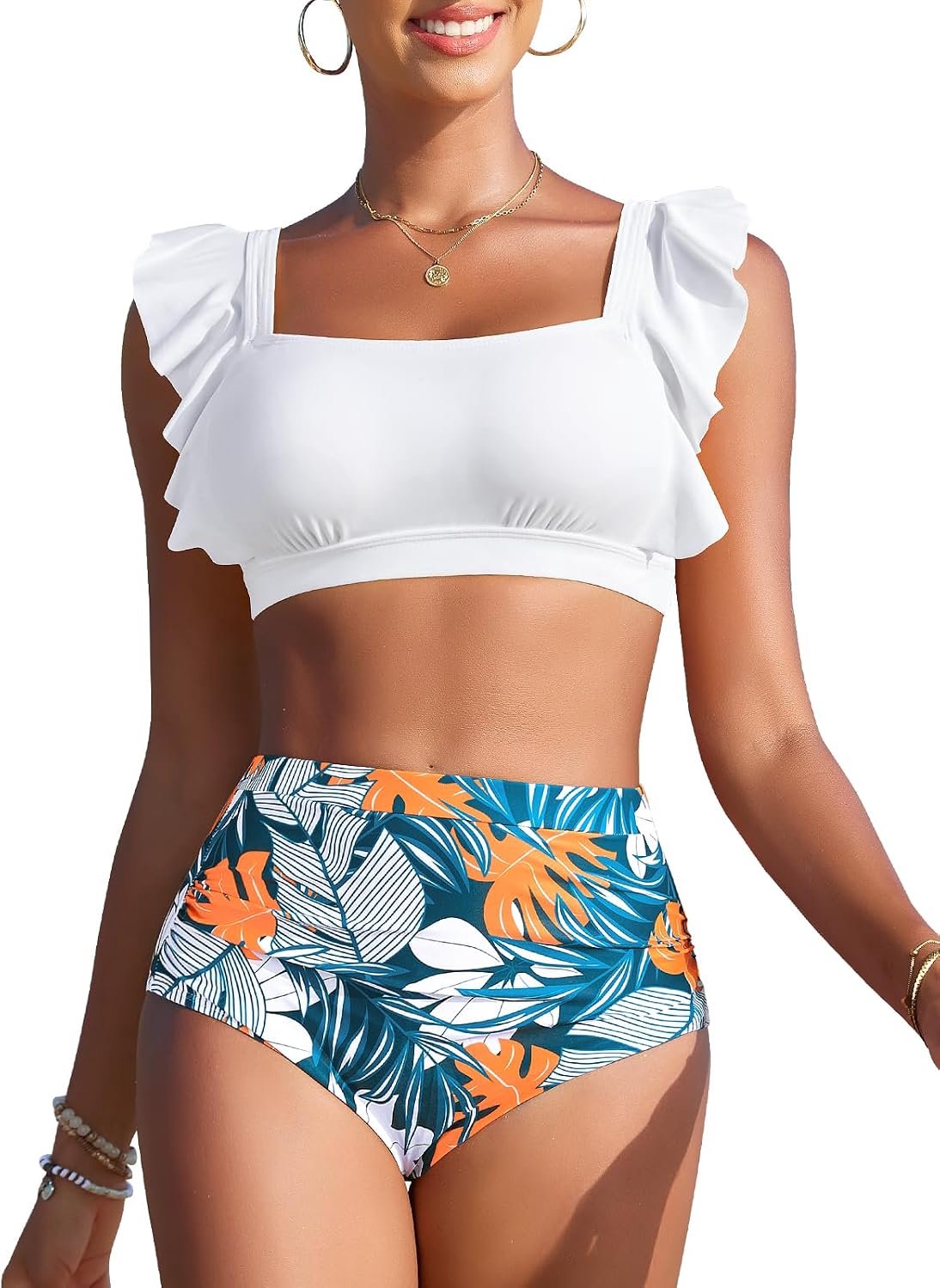 Bikinis voor dames met hoge taille, push-up met vulling, vierkante hals, zwembad en strand, ruches