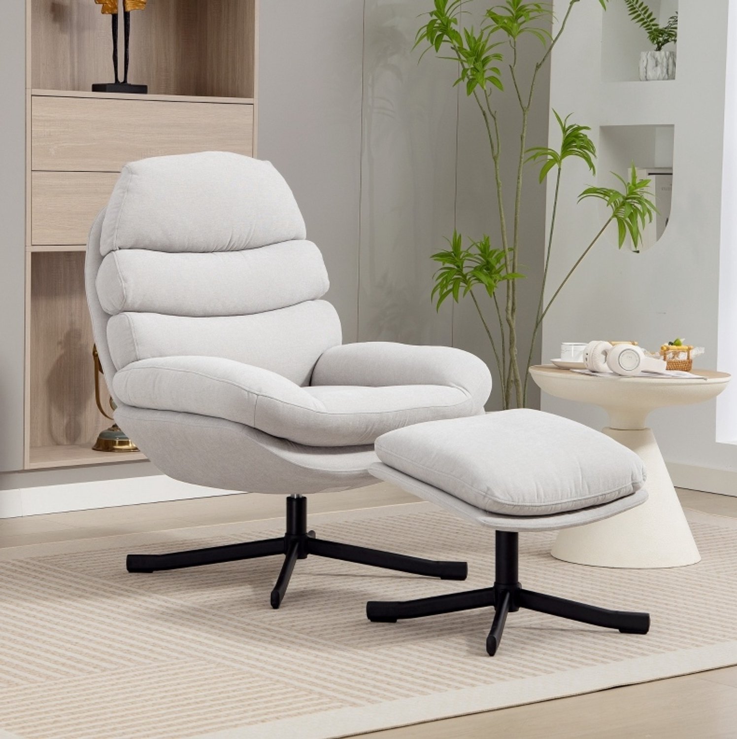 DESMIU Fauteuil 78 x 93 x 100 cm - Relaxfauteuil Met Hocker - 360 Graden Draaibaar - Voor Woonkamer En Leeshoek - Chenille Stof - Crèmewit