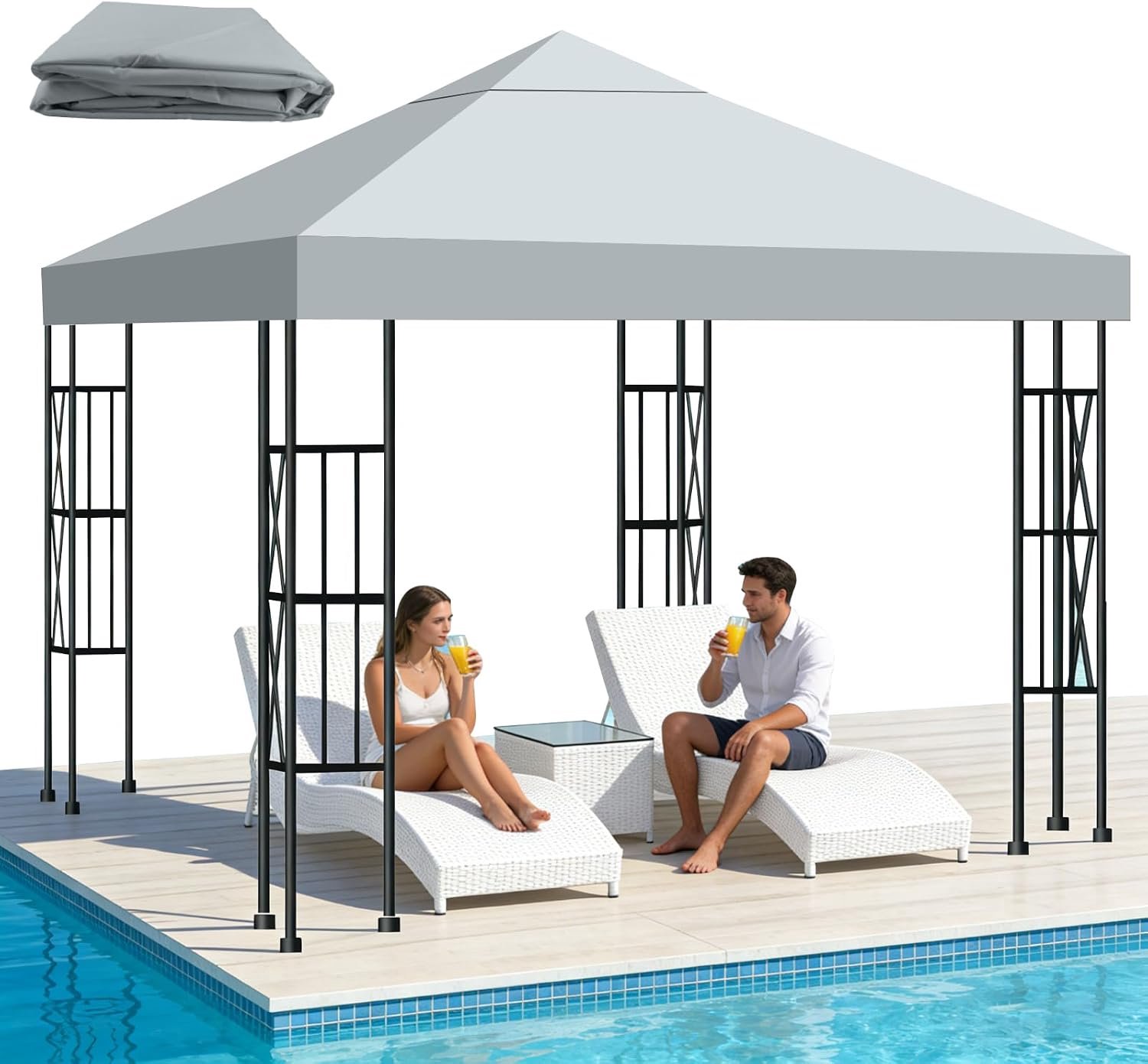Qdreclol Vervangingsstof voor pergola, 3 x 3 m, waterdicht, uv-bescherming, zonnezeil van 300D-polyester, met PA-coating, afneembare paviljoenhoes voor tuin, terras, zonwering, grijs