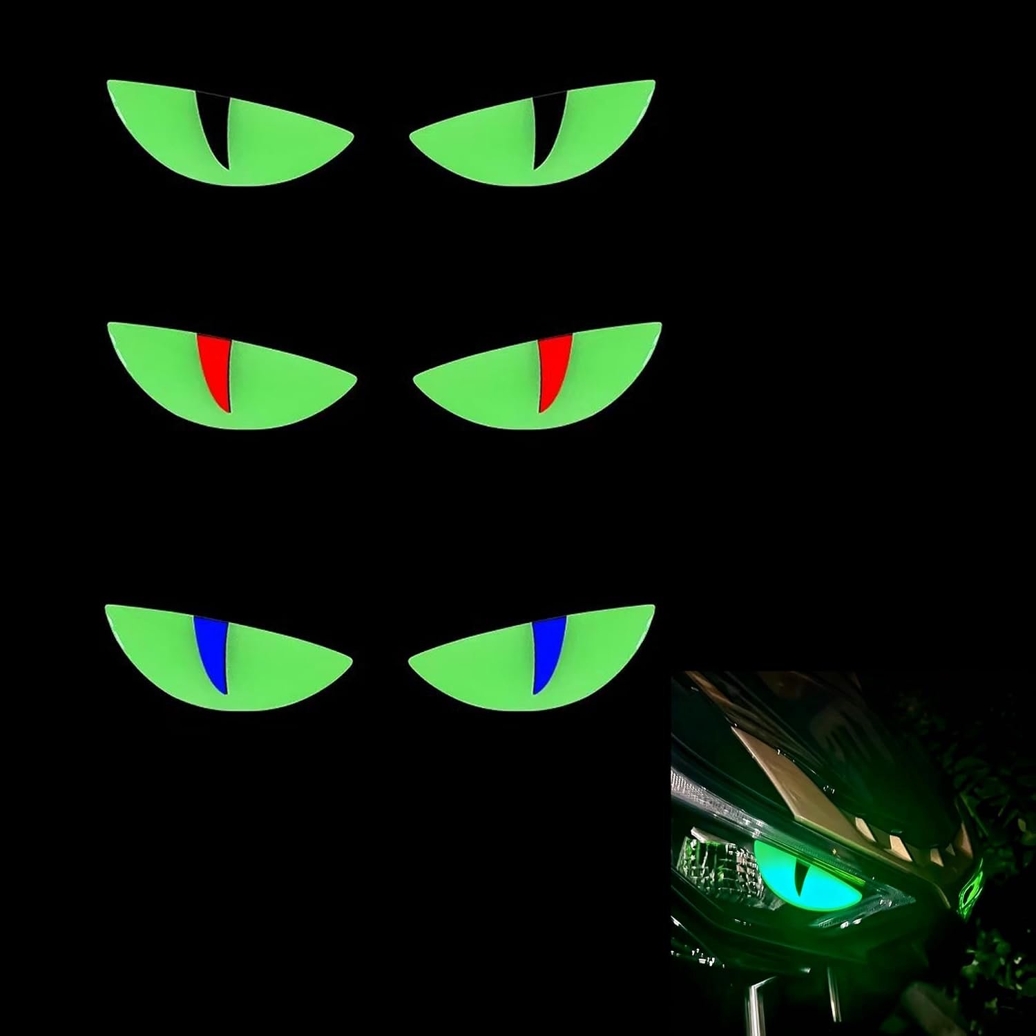 3 paar 3D lichtgevende kattenogen stickers voor motorfiets voorkant en koplampen, lichtgevende 3D demonenogen stickers, motordecoratie, ook voor auto en helm (lichtgevende kleur)