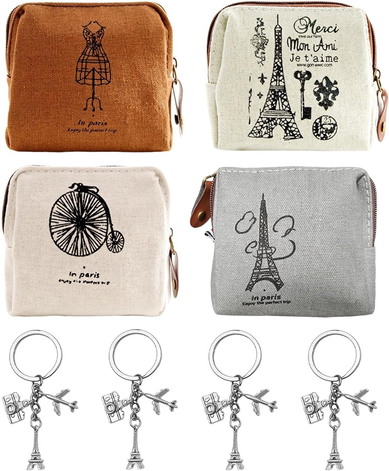 4 Parijs Geheugen Munt Uitwisselingen, 4 Eiffeltoren Sleutelhangers, Mini Canvas Munt Zakken, Souvenirs Van Reisattracties.
