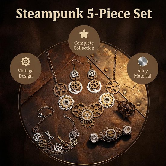 Steampunk 5 stuks damesaccessoires, tandwielen, hangers, halsketting, oorbellen, ring, armband, haarspeld, vintage stijl, metaal, voor carnavalskostuum — afbeelding 3