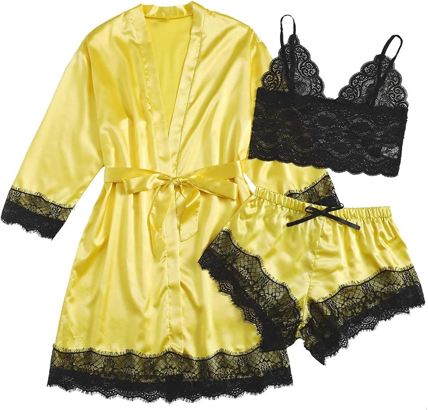 Générique Pyjama, satijn, lingerie, plus zijde, nachtjurk, dames, sexy, gestreept, badjas (geel, M)