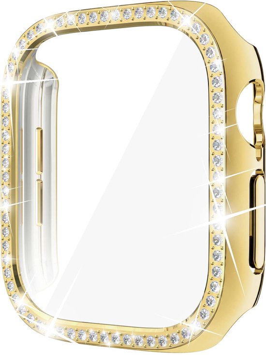 Gouden horlogekast versierd met glinsterende strass-steentjes rondom de rand.