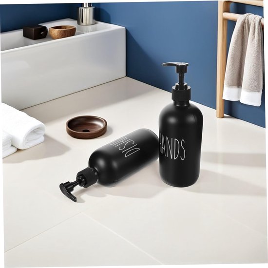 2 Stuks Delige Navulbare Zwarte Zeepdispenser Set met Lekvrije Glazen Pompfles voor Badkamer Keuken Geschikt voor Shampoo Lotion Afwasmiddel Ruimtebesparend — afbeelding 4