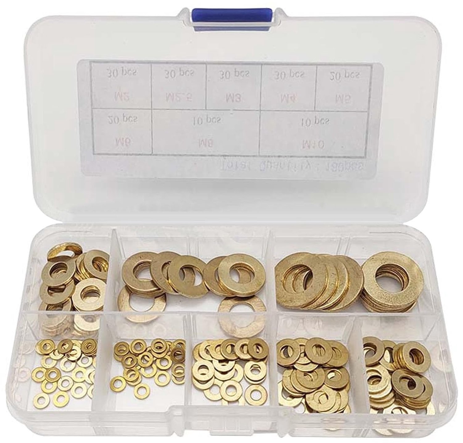 Combinatieset platte messing sluitringen met kunststof doos, M2/M2.5/M3/M4/M5/M6/M8/M10 (180 stuks)