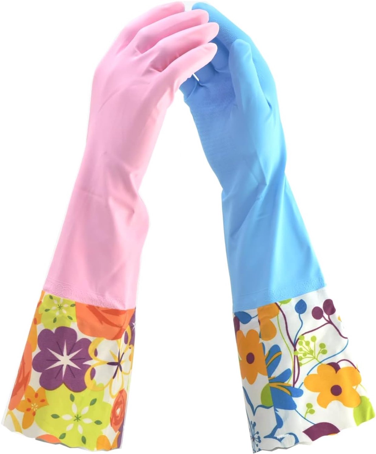 2 PAAR Huishoudelijke Handschoenen Latexvrije Schoonmaakhandschoenen met Zachte Voering Lange Manchet 15" & Grip, Medum, Roze/Blauw