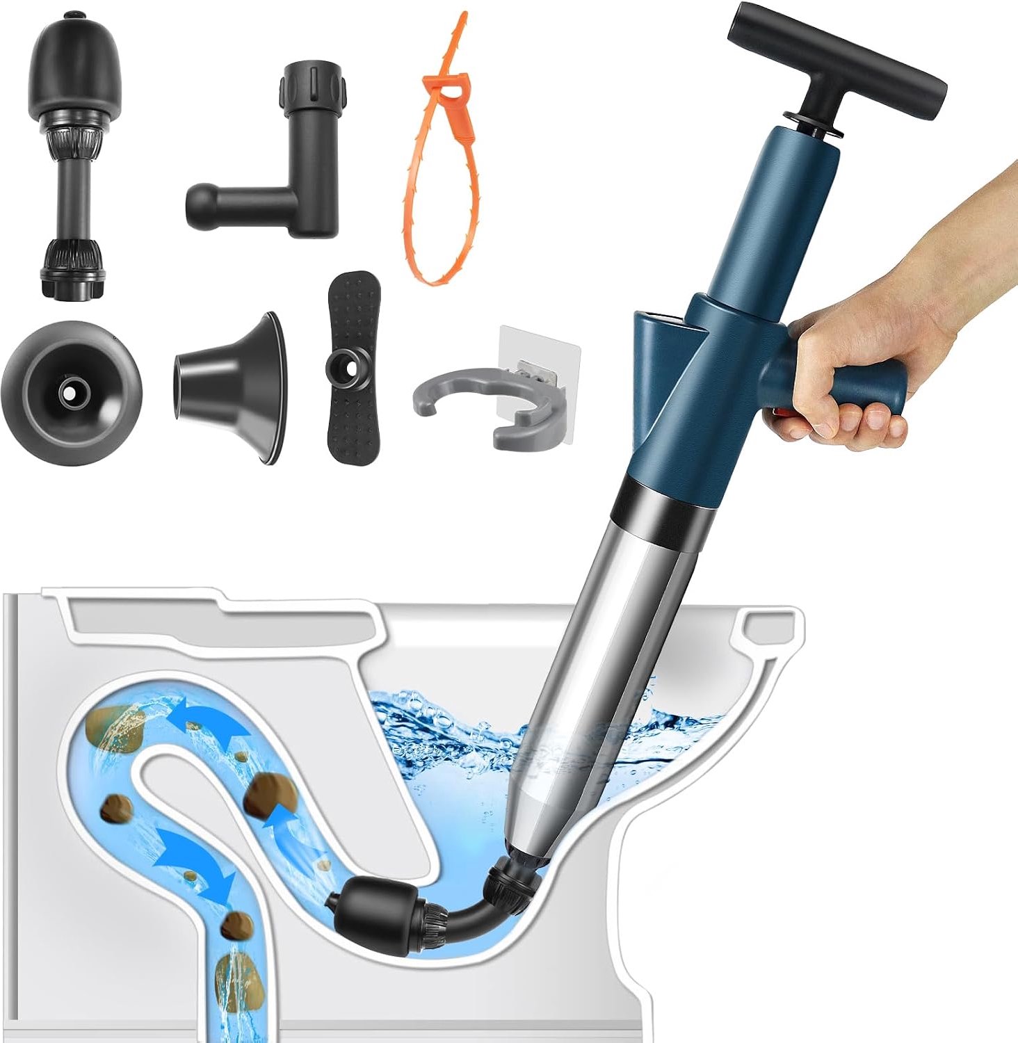 Hogedruk toilet plunjer set duurzame ontstopping met houder & 4 vervangbare koppen voor toiletten, badkuipen douches, vloerafvoeren en buisblokkades