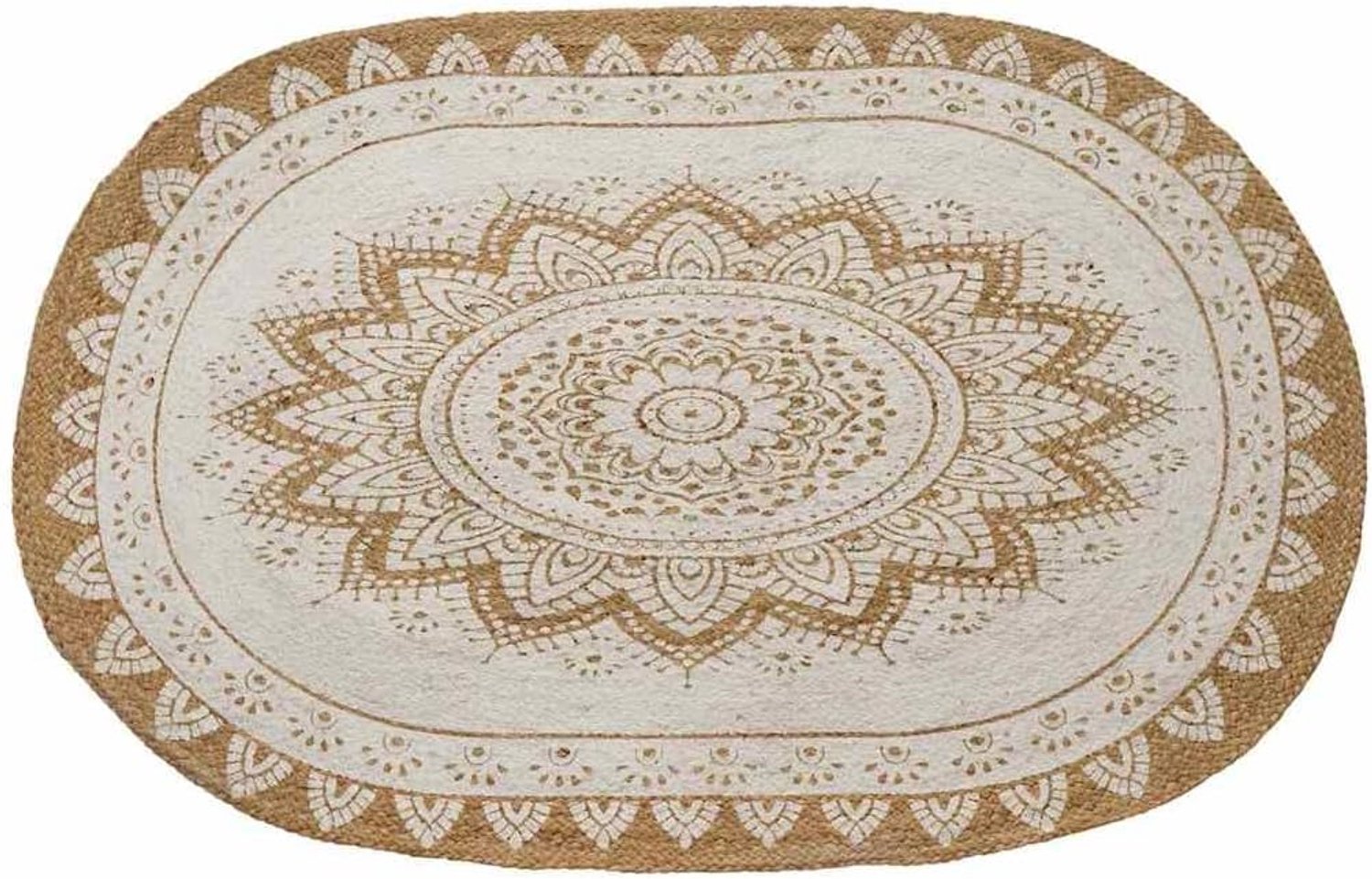 Ovaal jute tapijt met bloemenpatroon, natuur en wit, 100 x 152 cm