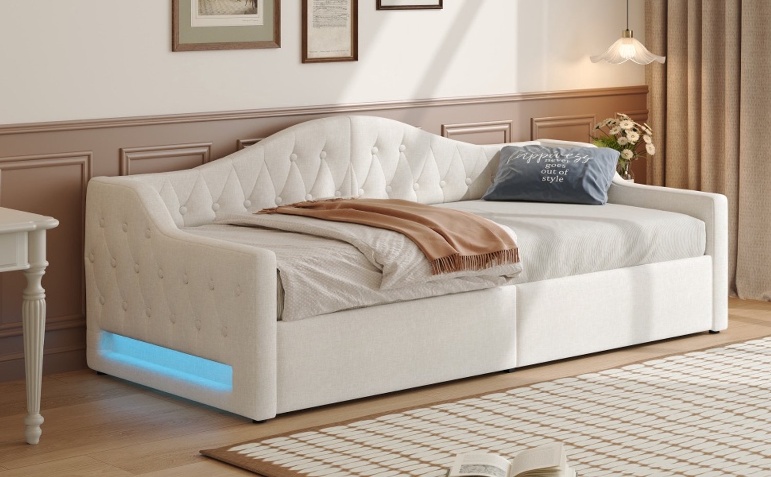MUVANO Gestoffeerd dagbed 90x200 - Beige dagbed met linnen bekleding - LED-verlichting aan beide zijden - Opbergruimte - Draagvermogen 200 kg