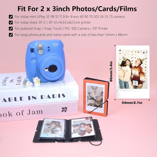 2 stuks mini-fotoalbum met 28 vakken voor Fujifilm Instax Mini 12 11 99 90 40 9 8 7 EVO LiPlay 2x3 inch foto's films, Kpop fotokaarthouder albums voor 54x86mm foto's (oranje) — afbeelding 5