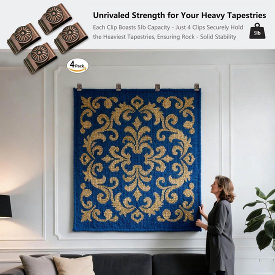 Wandtapijt muur opknoping klemmen 2 stuks textiel kunst decoratie hangers metalen clips voor opknoping tapijten tapijt display (brons) — afbeelding 4
