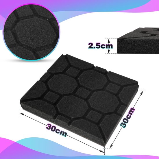24 stuks noppenschuim voor geluidsisolatie, zelfklevende akoestische panelen voor effectieve geluidsisolatie thuis en op kantoor, 30 x 30 x 2,5 cm, blok — afbeelding 3